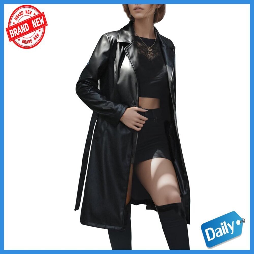 Faux Leather Trench Coat with Belt, Long Sleeve Classic Fit